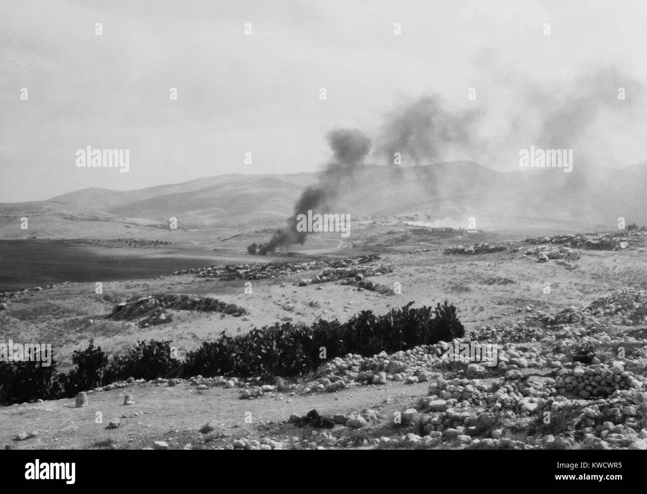 Jewish colony of Artuf in Jerusalem foothills was set on fire by Arabs, Aug. 23-31, 1929. The violent attack was related to the Palestinian riots of 1929, in which 133 Jews and 110 Arabs were killed (BSLOC 2017 1 196) Stock Photo