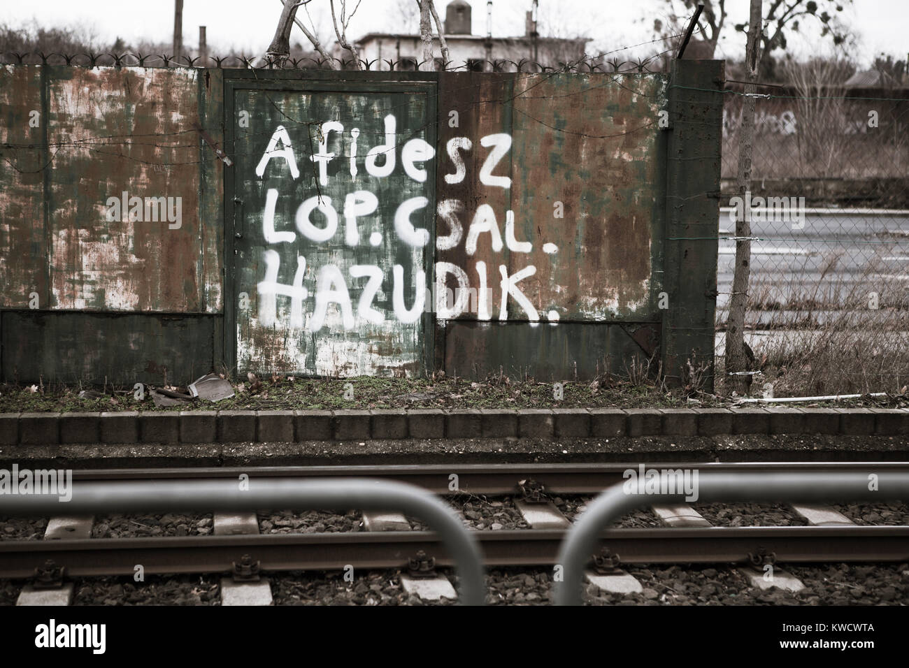 Graffiti about the Hungarian parliament, Budapest January 2018.  'A Fidesz lop scale hazudik' 'Fidesz, stealing cheating lying'. Stock Photo