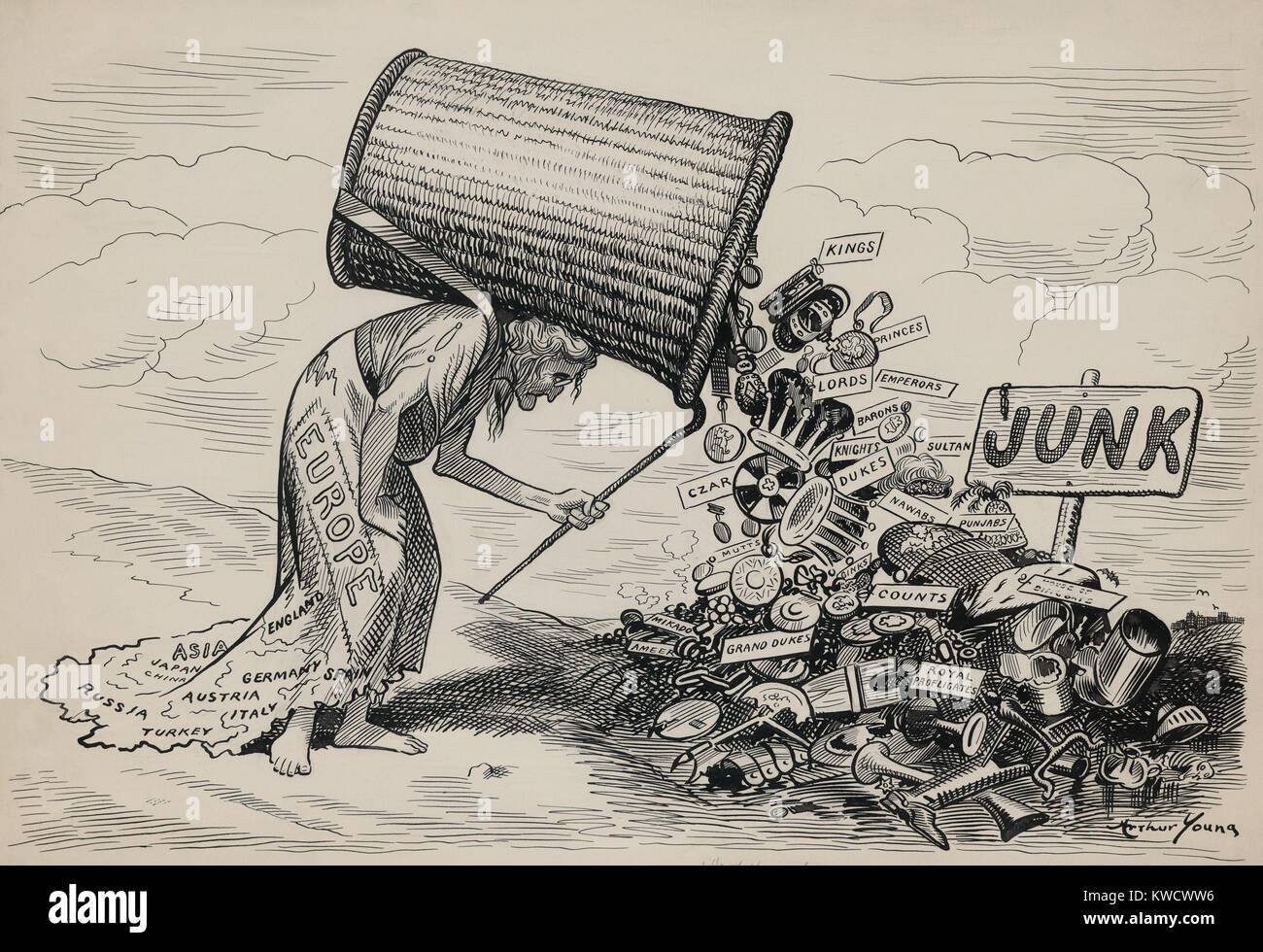 SOMEDAY. An old woman representing Europe, dumps the attributes of monarchy in a junk pile. 1910 drawing by Art Young expresses his conviction that monarchs will some day be an obsolete form of government (BSLOC 2017 1 32) Stock Photo