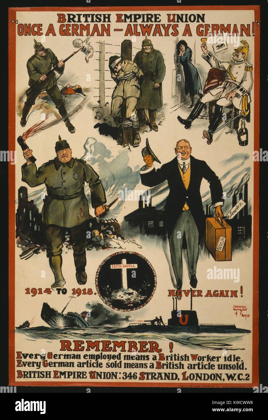 Virulent anti-German World War 1 poster by the British Empire Union, 1918. Formerly named the Anti-German Union, it was imperialist, anti-socialist, protectionist, and Anglophile (BSLOC 2017 1 33) Stock Photo