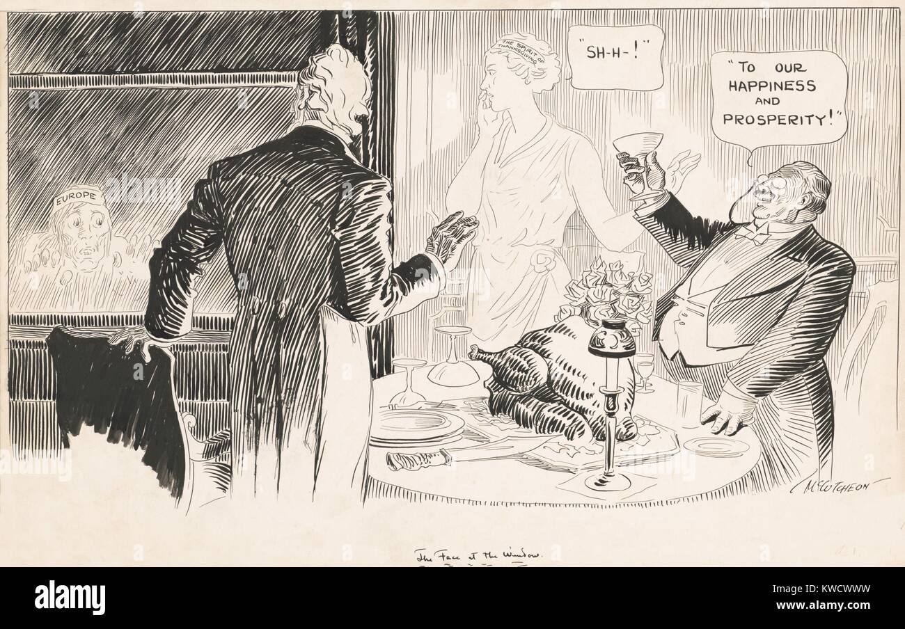 THE FACE AT THE WINDOW, shows Europeans suffering in World War 1 as Americans thrive. It depicts two wealthy men toasting to their happiness and prosperity at a Thanksgiving meal. 1916 drawing by John McCutcheon for a political cartoon (BSLOC 2017 1 40) Stock Photo