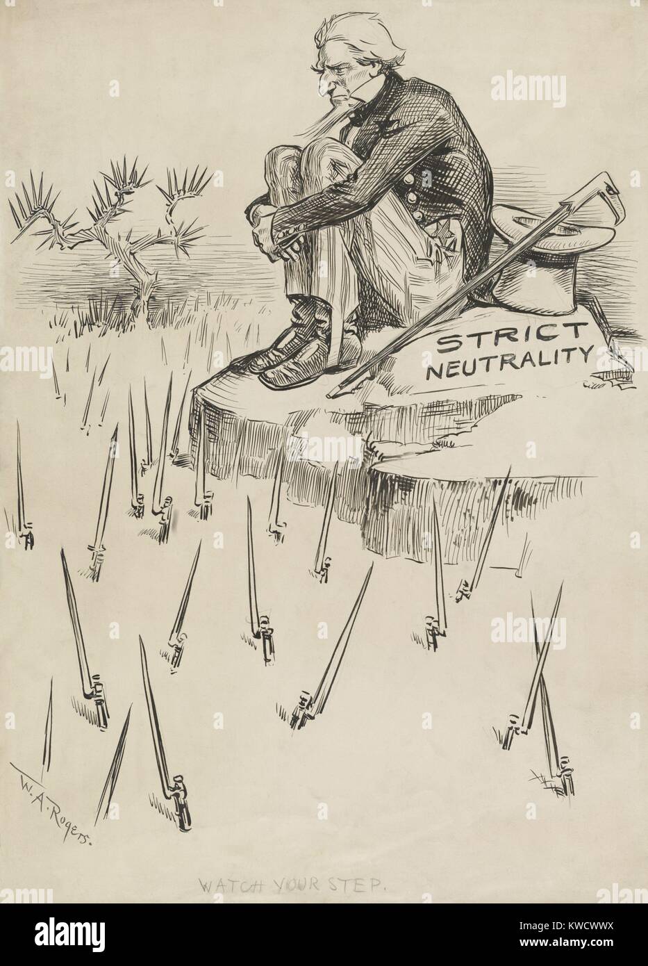 WATCH YOUR STEP, political cartoon of a strictly neutral Uncle Sam, 1914. He sits along on a rock with bayonets emerging from the ground below (BSLOC 2017 1 41) Stock Photo