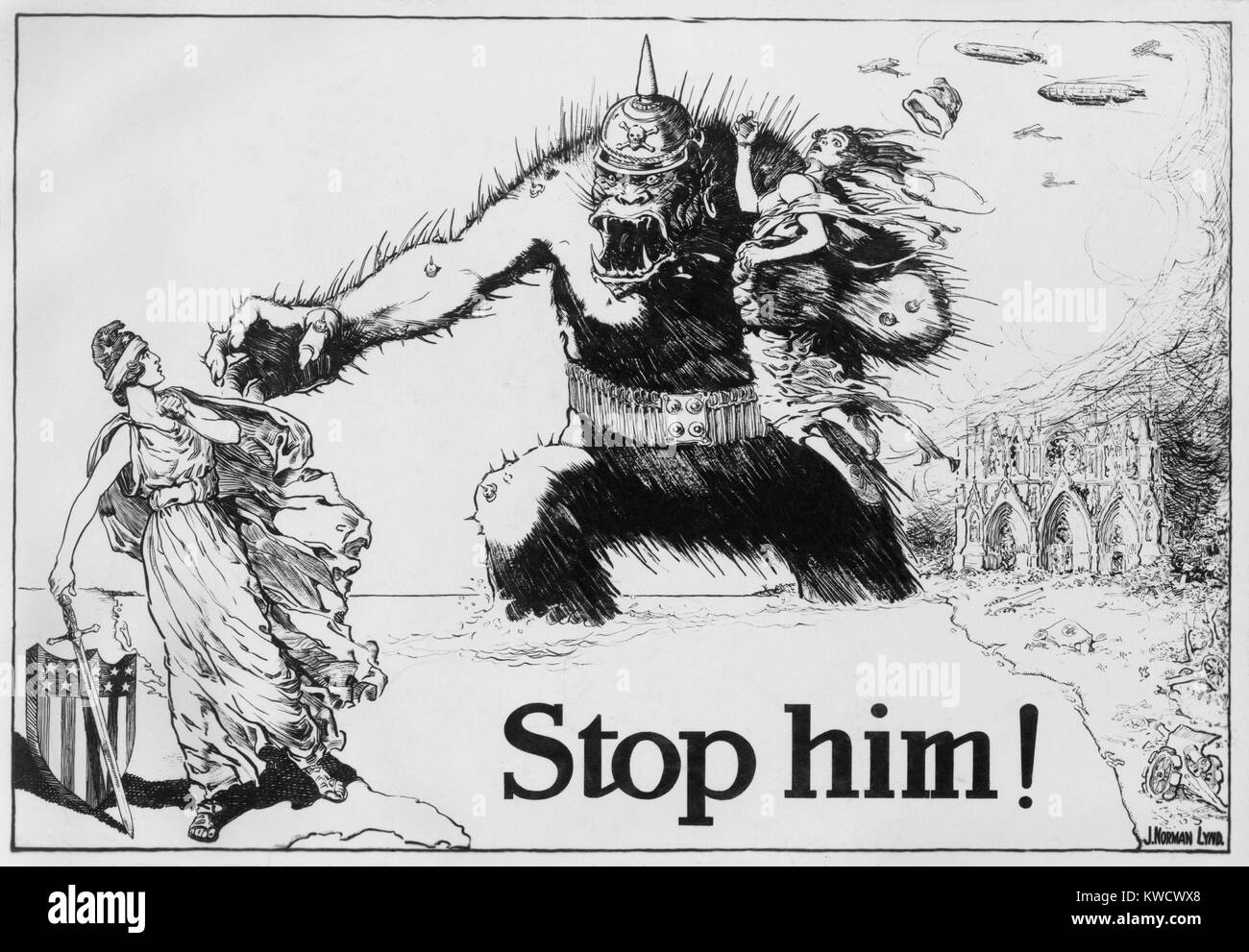 STOP HIM! Fierce gorilla wearing a German spiked helmet, reaches across the ocean from Europe. He threatens the figure of Liberty standing on a map of the American east coast. Drawing for a political cartoon by Norman Lynd, c. 1917 (BSLOC 2017 1 44) Stock Photo