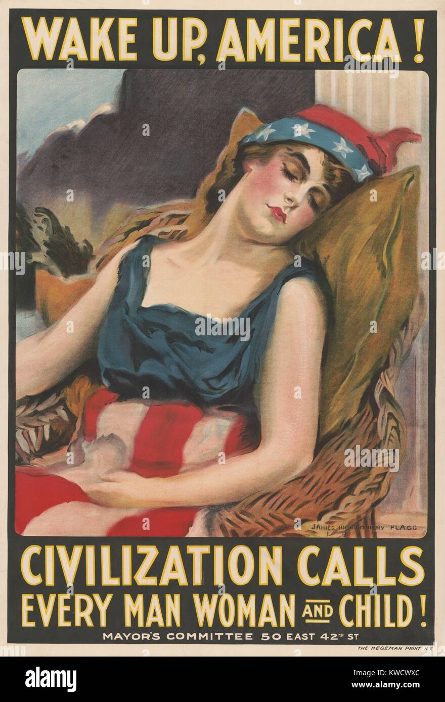 WAKE UP AMERICA! World War 1 poster for of April 1917, by James Montgomery Flagg. Actress Mary Arthur was Flaggs model for Columbia. Liberty is shown asleep, wearing patriotic stars and stripes and a Phrygian cap--a symbol of freedom since Roman times. S (BSLOC 2017 1 47) Stock Photo