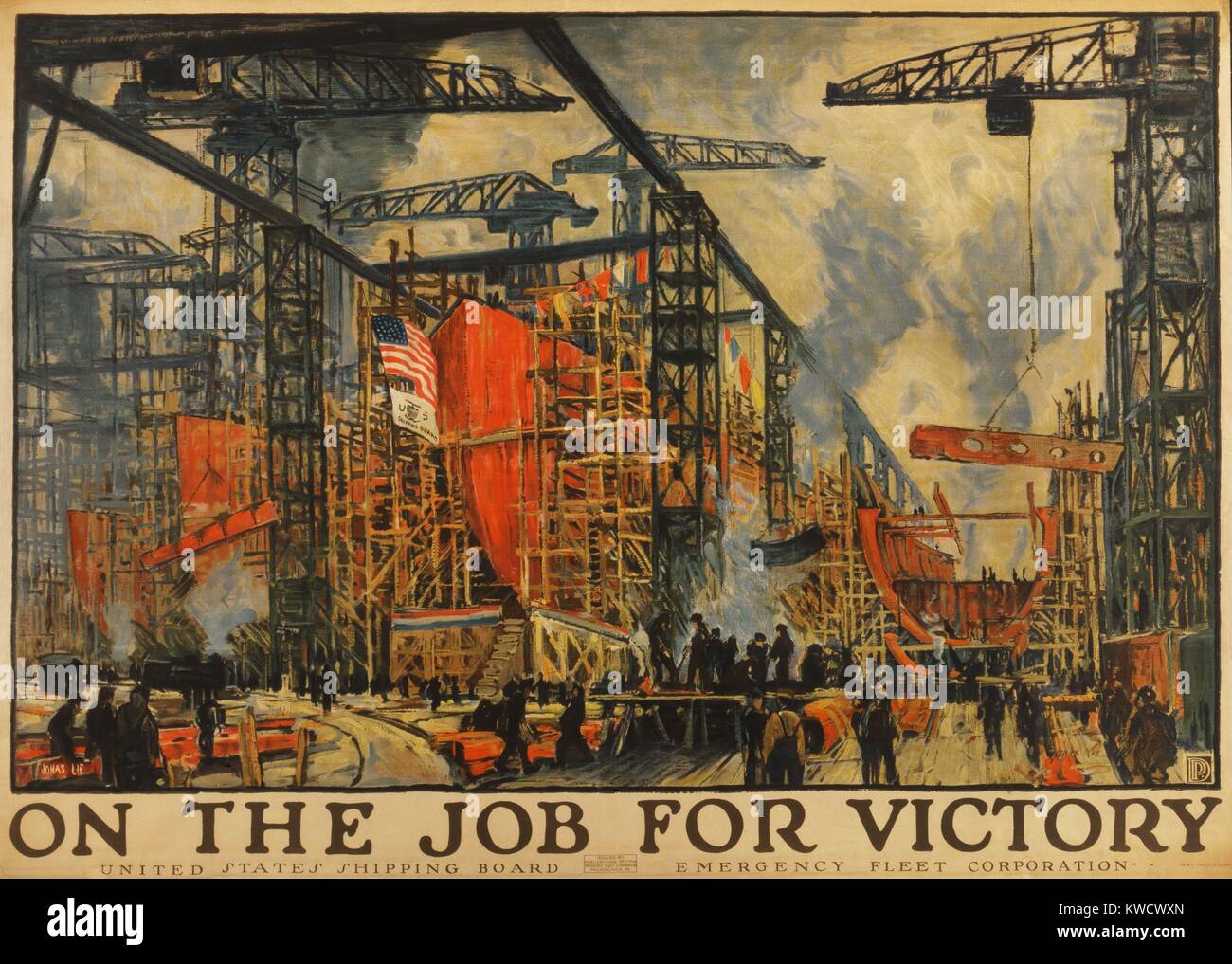 ON THE JOB FOR VICTORY. American Impressionistic painting of busy shipyard during World War 1. The Shipping Board-Emergency Fleet Corporation, an emergency agency to enlarge and manage the US Merchant Marine (BSLOC 2017 1 52) Stock Photo
