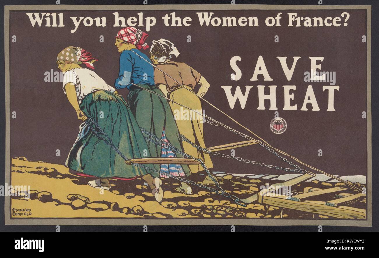 WILL YOU HELP THE WOMEN OF FRANCE?/ SAVE WHEAT. American World War 1 poster based on the iconic photo of three French women pulling a plow. Lithograph by Edward Penfield, 1918 (BSLOC 2017 1 56) Stock Photo