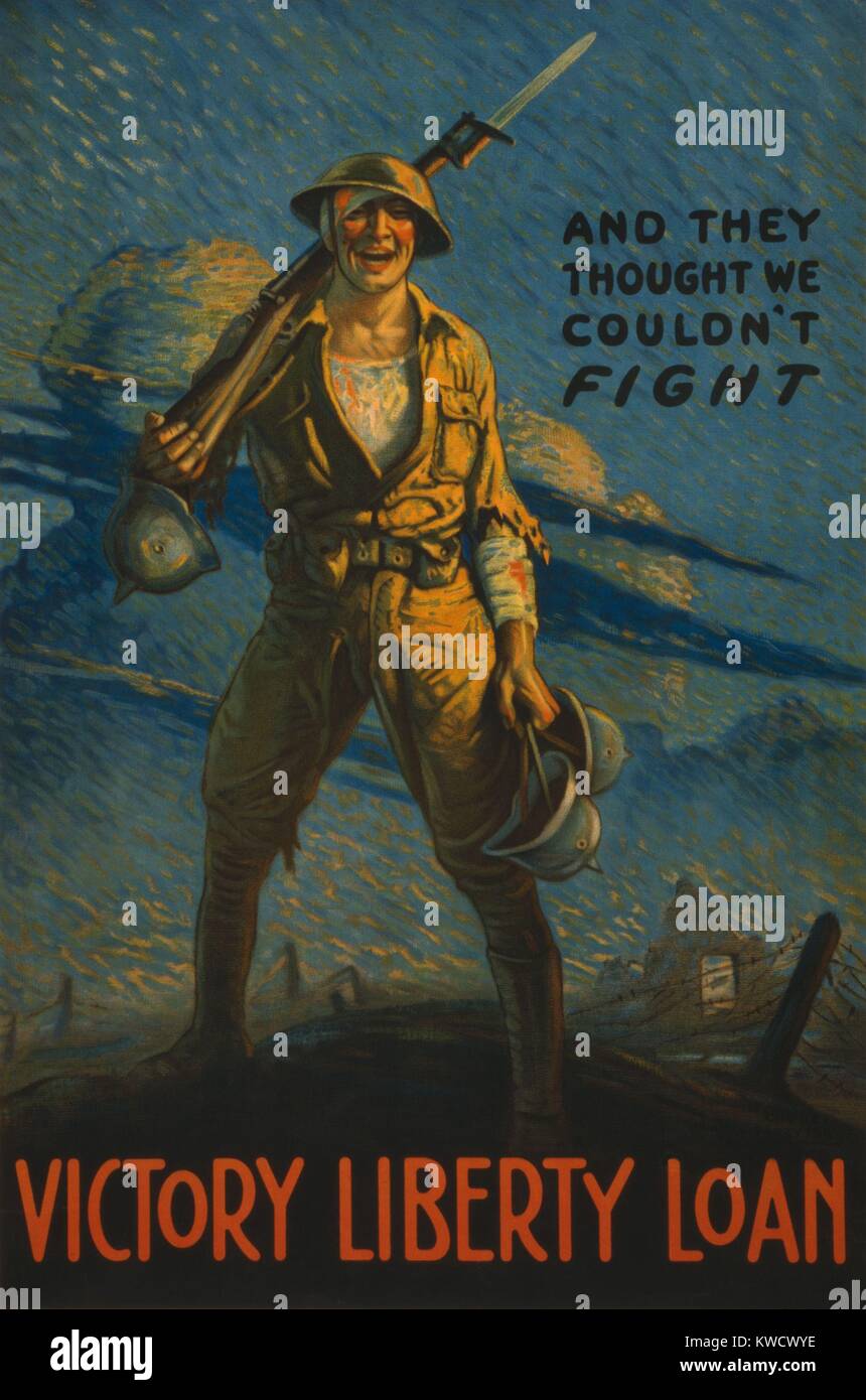 AND THEY THOUGHT WE COULDNT FIGHT. American World War 1 poster of wounded soldier on the battlefield, who holds three German helmets as trophies, 1917. (BSLOC 2017 1 61) Stock Photo