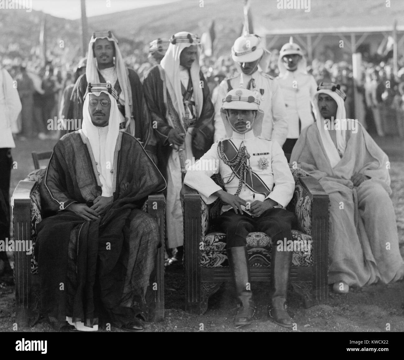 King Saud and Talal bin Abdullah (Emir Abdullahs son and future King Talal I) in Ammon, Jordan. In 1932, Saud consolidated his rule over much of the Arabian Peninsula, founding the Kingdom of Saudi Arabia (BSLOC 2017 1 98) Stock Photo