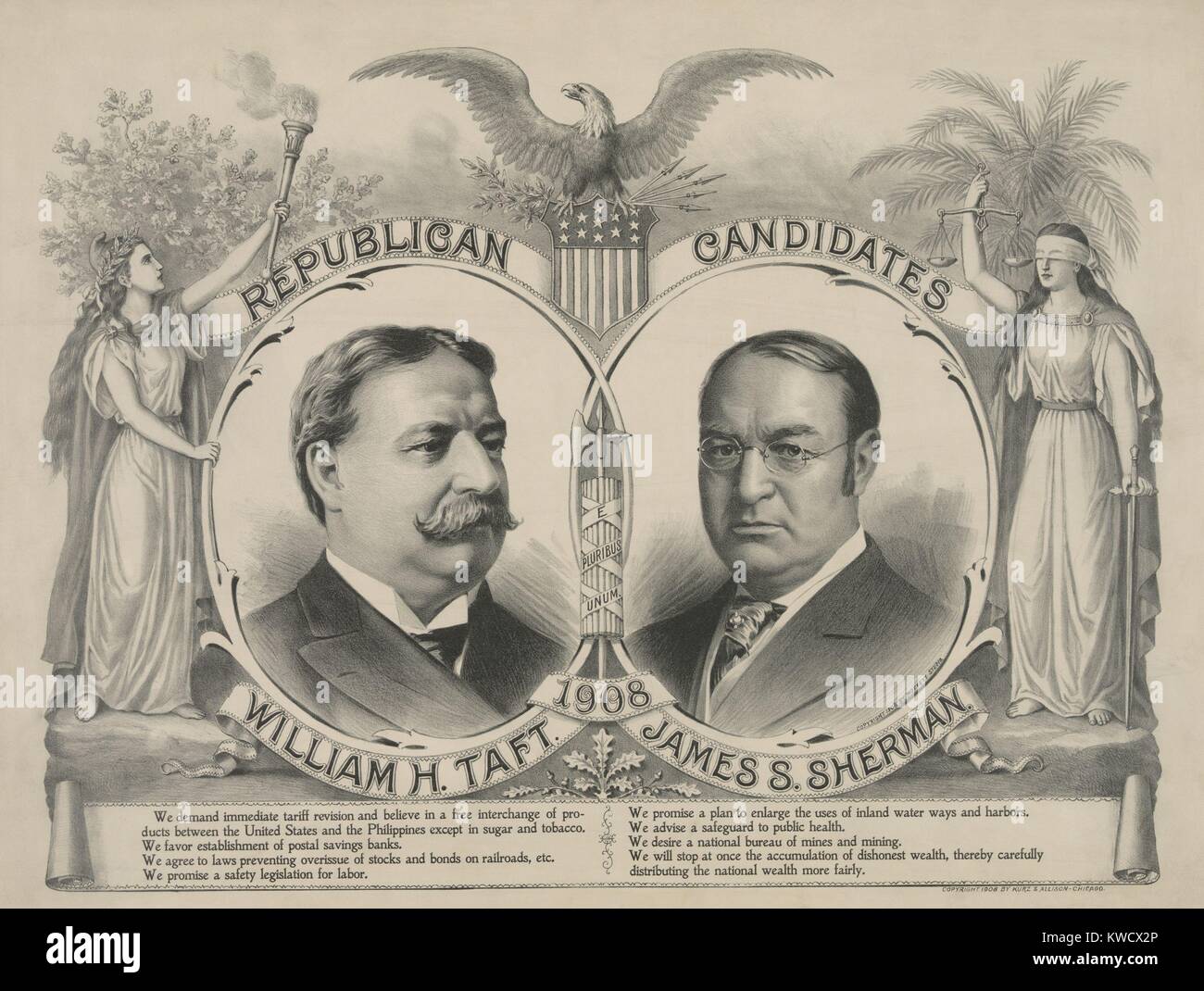 Campaign poster for the Republican candidates in the 1908 Presidential election. Below the portraits of William Howard Taft and John Sherman are statements from their moderate Platform (BSLOC 2017 2 115) Stock Photo