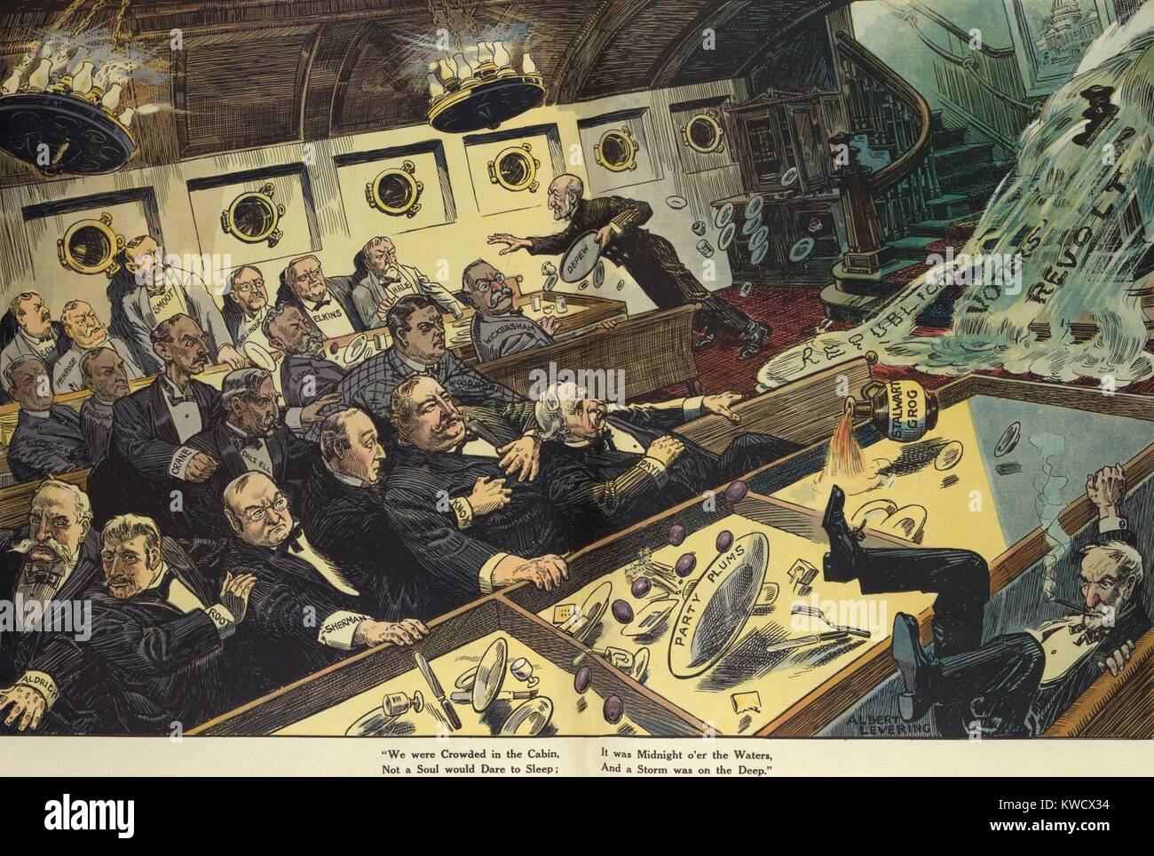 REPUBLICAN VOTERS REVOLT, political cartoon in Puck Magazine, April 20, 1910. A wave labeled Voters Revolt crashes into the dining room of a ship where Republicans are dining. Among those swamped are: Speaker Cannon; Pres. Taft; VP Knox; Sen. Aldrich; and Sen. Lodge (BSLOC 2017 2 124) Stock Photo