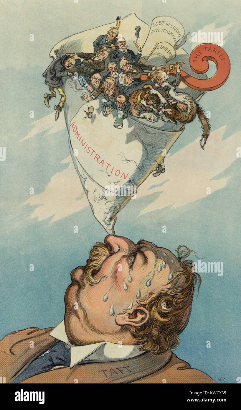 Political cartoon of President Taft balancing a paper cone containing Republican factional splits. A TICKLISH FEAT, in Puck Magazine, Aug. 31, 1910. In the 1910 midterm election, Democrats took control of the House, ending a 16 year Republican majority (BSLOC 2017 2 125) Stock Photo