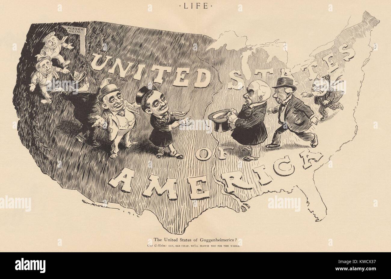UNITED STATES OF GUGGENHEIMERICA? Cartoon by Willard H. Walker satirizes Interior Secretary Ballingers lease of coal land in Alaska to the mining industrialist family, the Guggenheims. On left are the Guggenheim family. On right are J.P. Morgan, Rockefeller, and Andrew Carnegie, lining up for their share (BSLOC 2017 2 127) Stock Photo