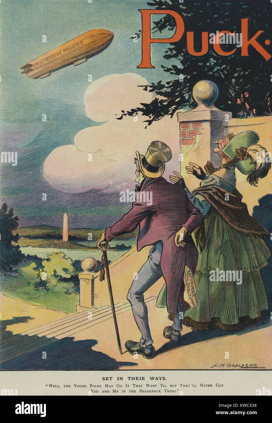 SET IN THEIR WAYS, a political cartoon about the Progressive Movement in the 1911. An elderly couple labeled Republican and Democratic Reactionaries, want nothing to do with the dirigible labeled Progressive Policies. Puck Magazine, May 10, 1911 (BSLOC 2017 2 128) Stock Photo