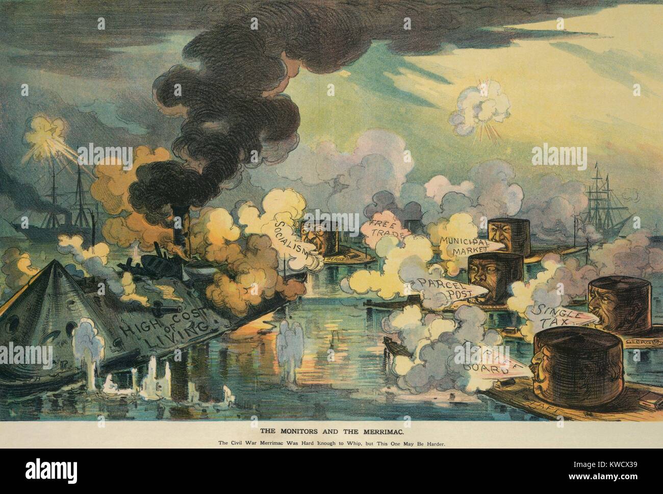 Campaign issues of 1912 as interpreted by a Puck Magazine political cartoon of Feb. 28, 1912. THE MONITORS AND THE MERRIMAC. The high cost of living is bombarded by ironclads labeled: Socialism, Municipal Market, Parcel Post, Single Tax, Tariff Board, and Free Trade (BSLOC 2017 2 129) Stock Photo