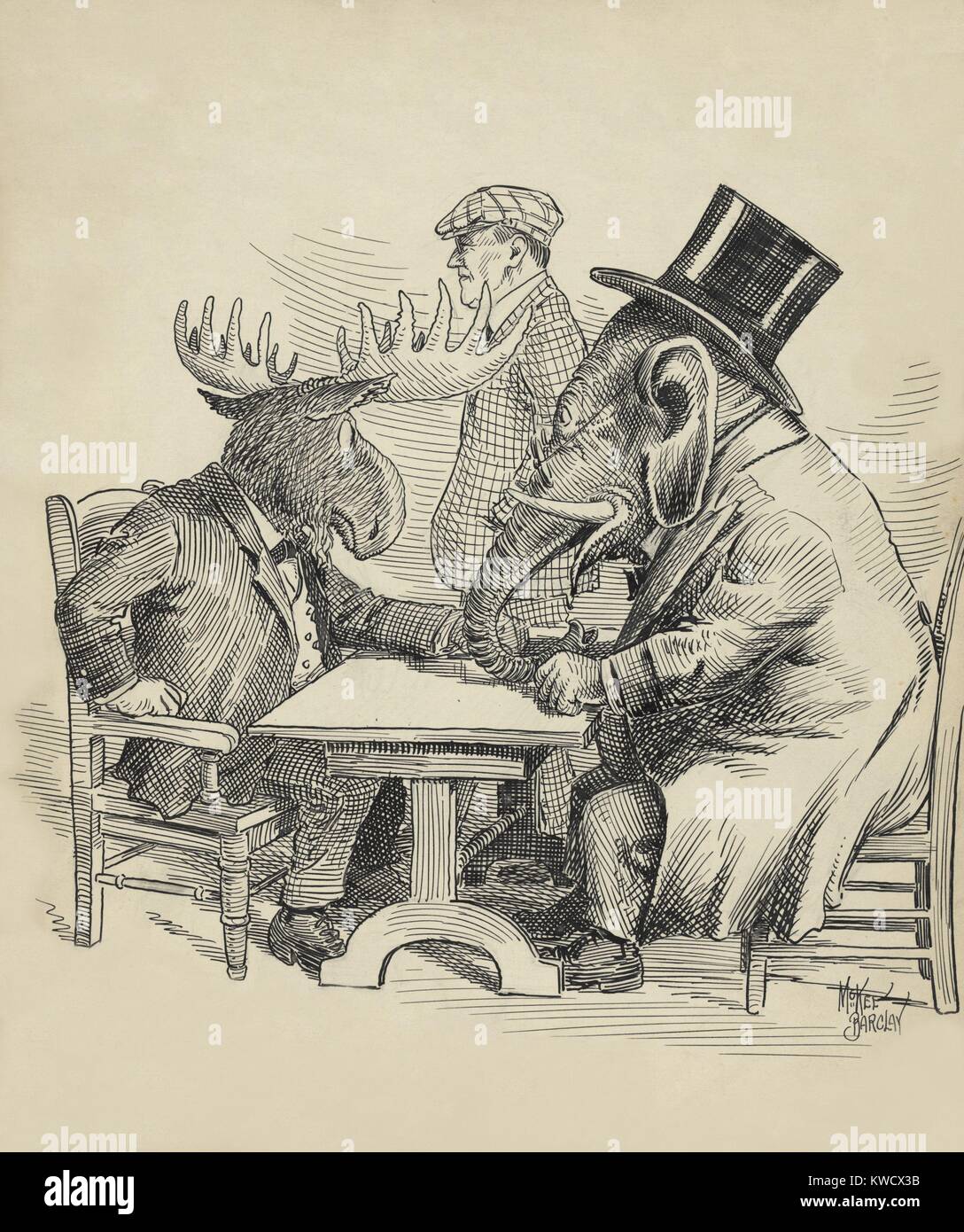 Political cartoon about the 1912 Presidential election by Barclay McKee. The Republican Elephant conferences with Theodore Roosevelts rebellious Bull Moose, as Democrat Woodrow Wilson walks by (BSLOC 2017 2 130) Stock Photo