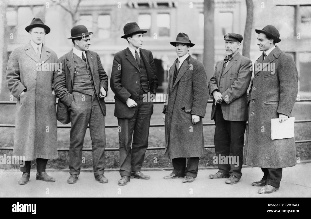IWW Committee: Sullivan, Caron, Plunkett, Turner, unidentified, and Woolman. Two of the men were involved in the Anarchist Black Cross, and the accidental bomb explosion of July 4, 1914 in NYC. Arthur Caron (2nd from left) was killed in the explosion, and Charles Plunkett (3rd from left) was part of the associated conspiracy to kill John D. Rockefeller (BSLOC 2017 2 164) Stock Photo