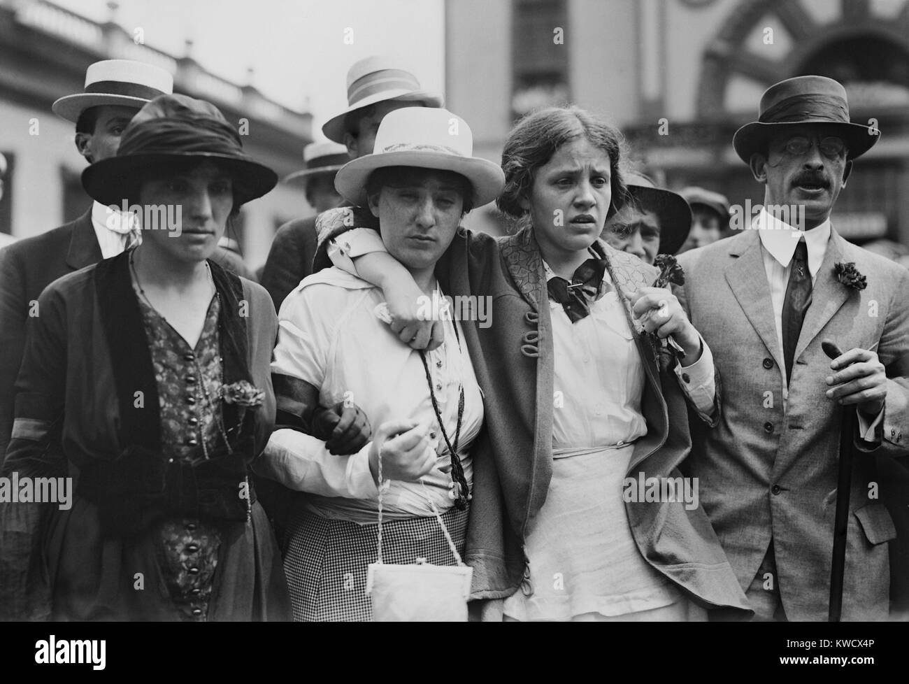Anarchist Group in New York City in 1914. L-R: Lillian Rubel, Becky Edelson, Louise Berger, and Alexander Berkman. Edelson had recently spent 27 days in Blackwells Island on a Hunger Strike. Louise Bergers apartment was housing a bomb factory that exploded, killing 4, including her brother-in-law, on July 4, 1914. Berkman was still on probation for the attempted murder of Henry Frick (BSLOC 2017 2 166) Stock Photo