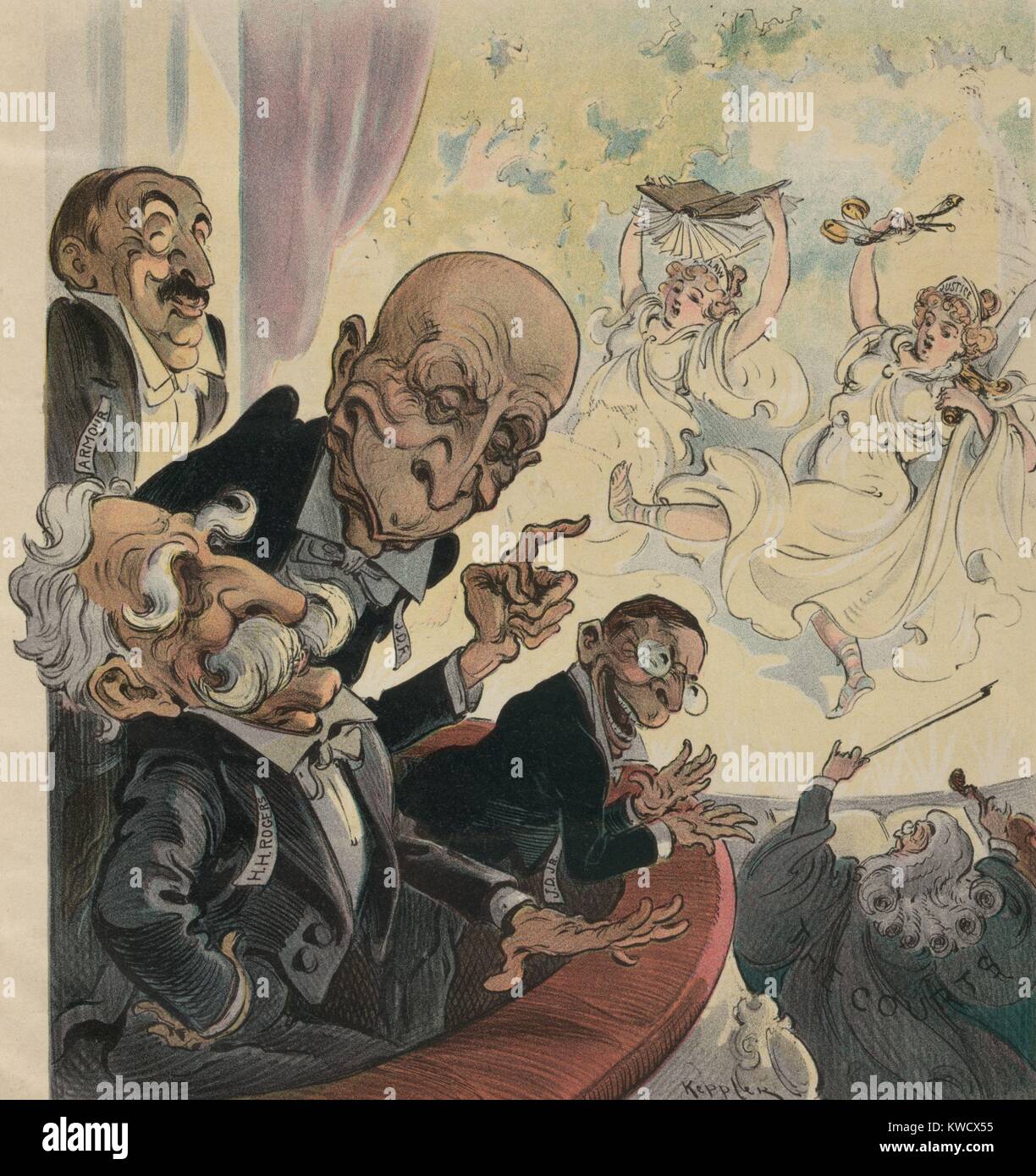 John D. Rockefeller, Sr. & Jr., Henry Huttleston Rogers, and Jonathan Ogden Armour at the theater. 1906 Puck Magazine political cartoon in which they enjoy the performance of Law, Justice, and the Courts. At the time, the businessmen were under pressure from reformers and progressives (BSLOC 2017 2 176) Stock Photo