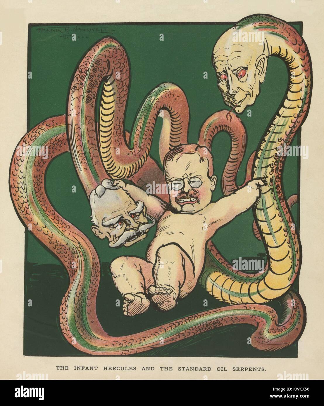 THE INFANT HERCULES AND THE STANDARD OIL SERPENTS, May 23, 1906. Puck Magazine political cartoon shows Theodore Roosevelt fighting snakes with the heads of Nelson W. Aldrich and John D. Rockefeller (BSLOC 2017 2 177) Stock Photo