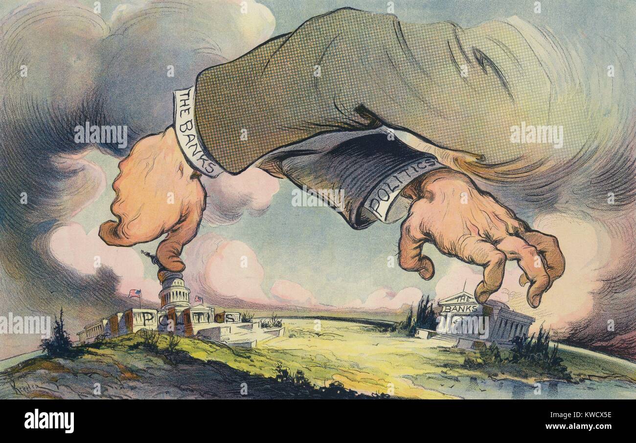 HANDS ACROSS THE LAND, political cartoon about the relationship between Politics and Banks. Puck Magazine, Aug. 20, 1913. It asks a question, Which is worse, financial control of politics, or political control of finance? (BSLOC 2017 2 184) Stock Photo