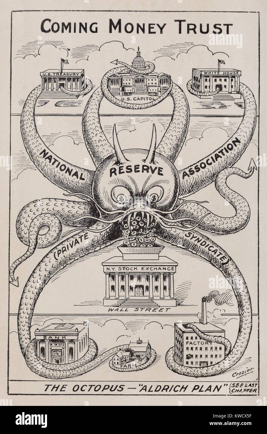 THE OCTOPUS-ALDRICH PLAN, THE COMING MONEY TRUST. 1912 cartoon by Alfred Owen Crozier, who opposed the re-establishment of a national central back, which Senator Nelson Aldrich proposed. In the 1913, the Federal Reserve banks that he feared were created (BSLOC 2017 2 185) Stock Photo