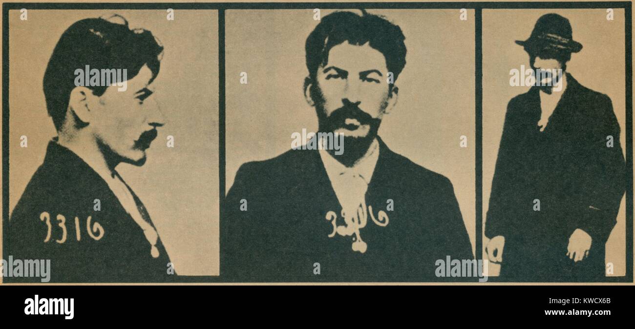 Joseph Stalin in Czarist police photographs, 1908. Stalin was involved in a 1907 Tiflis bank robbery, executed as fund raising for his radical political activity (BSLOC 2017 2 28) Stock Photo