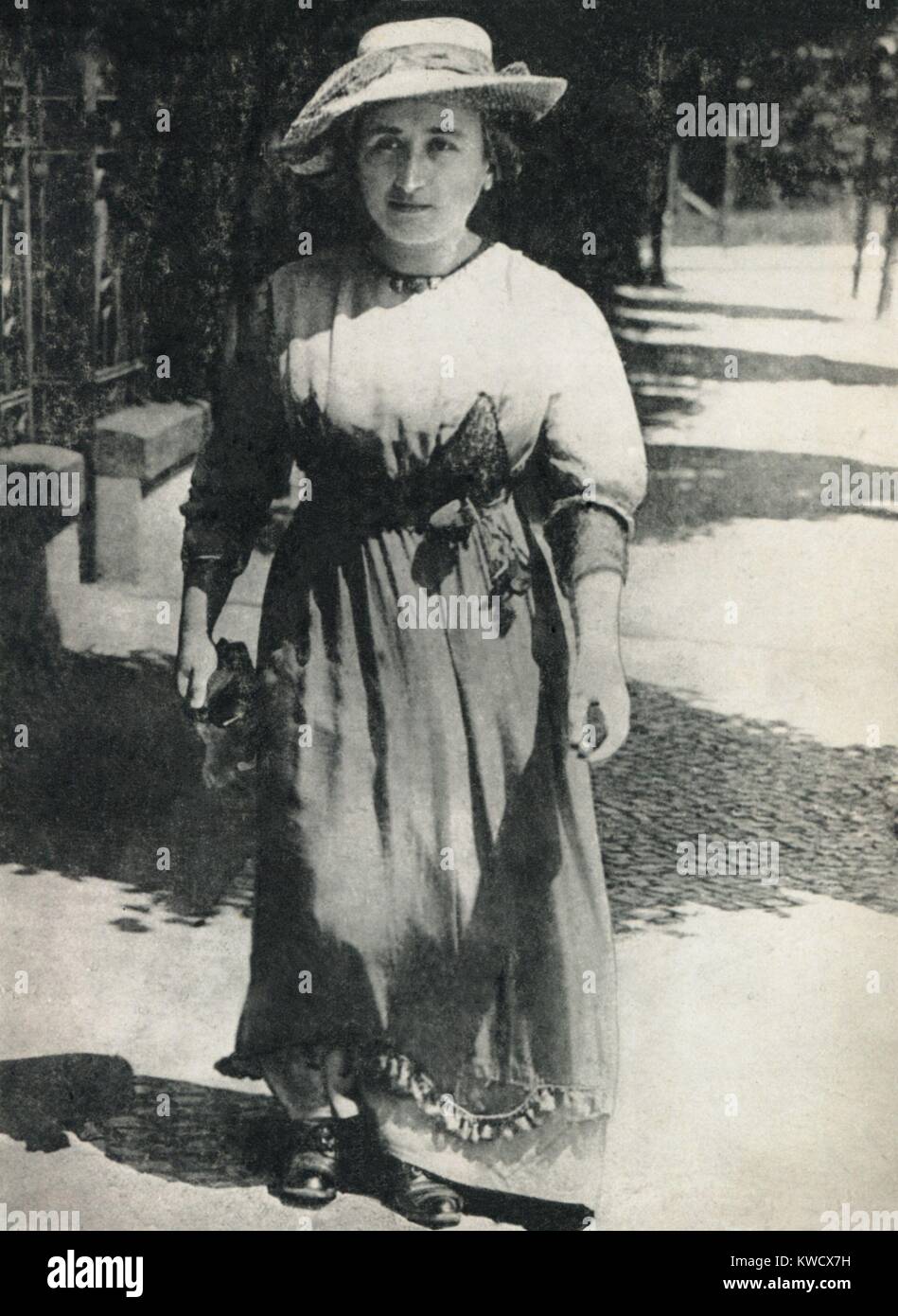 Rosa Luxemburg, was a Polish born German Communist revolutionary leader. In 1918 she advocated democracy, and opposed the communist Spartacists non-participation in electoral politics and the violent uprising of Jan. 1919. Still, she was assassinated by the right-wing militia, the Friecorps, during its suppression (BSLOC 2017 2 58) Stock Photo