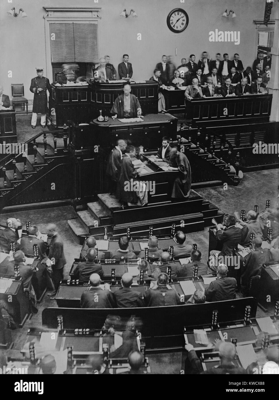 The House of Representatives, the lower house of the Japanese Diet, c. 1910. Japans first modern legislature established by the Meiji Constitution of 1889 (BSLOC 2017 2 75) Stock Photo