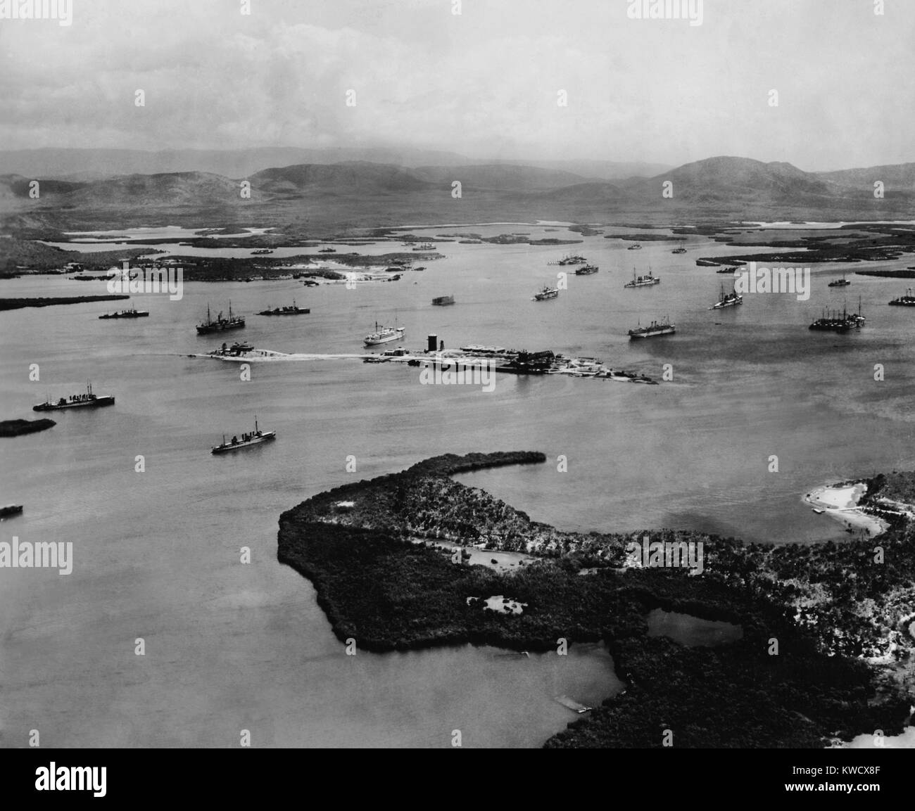 Aerial view of Guantanamo Bay, US Naval base in Cuba, 1927. Aerial view