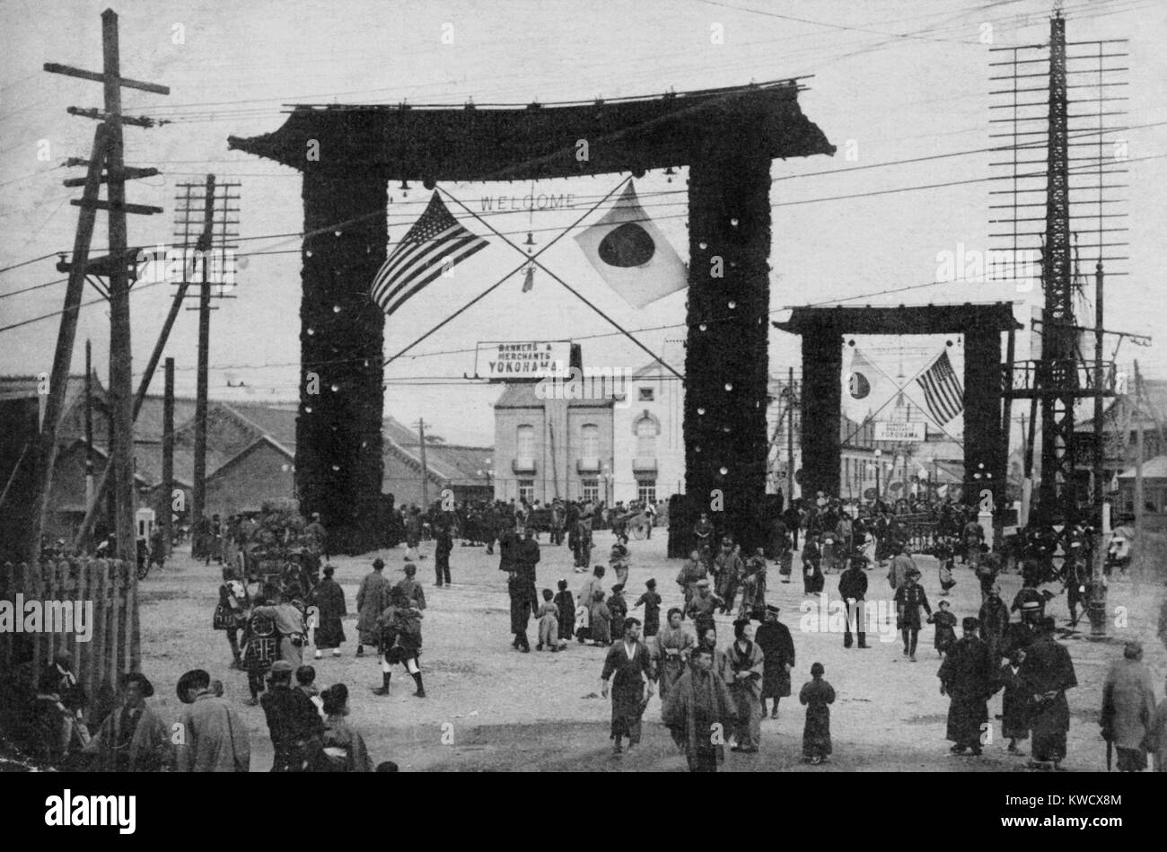 Decorated gates in Yokohama, with flags of the US and Japan, Oct. 1908. Japanese postcard commemorates the Great White Fleets visit. It posts a welcome sign in spite of tense relations between the US and Japan over Asian territory and bad treatment of Japanese in America (BSLOC_2017_2_86) Stock Photo