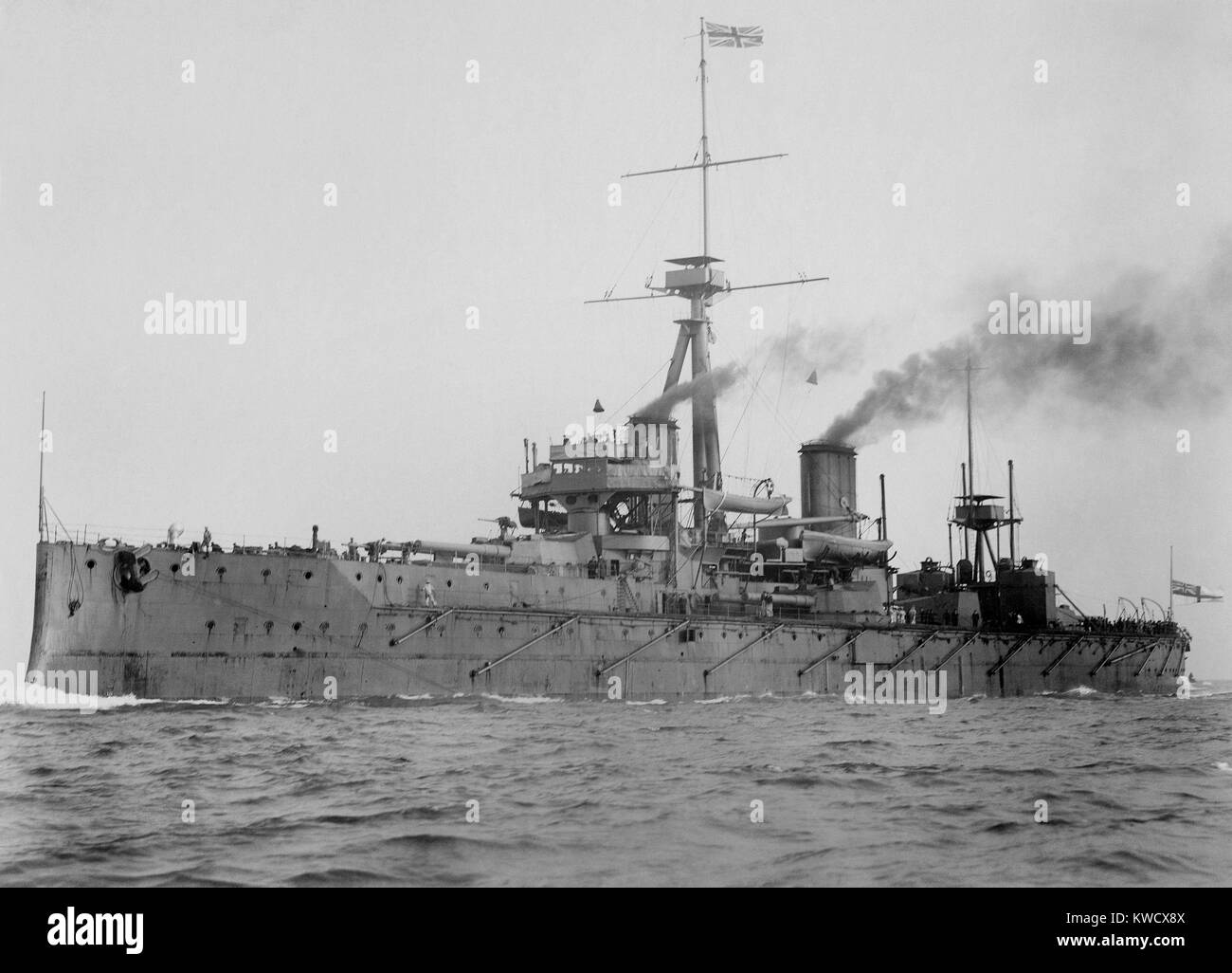 HMS Dreadnought, British battleship whose design revolutionized naval power, 1906. She had a turreted main battery of big guns, was powered by steam turbines, had heavy armor protecting the central turrets and magazine below (BSLOC 2017 2 91) Stock Photo