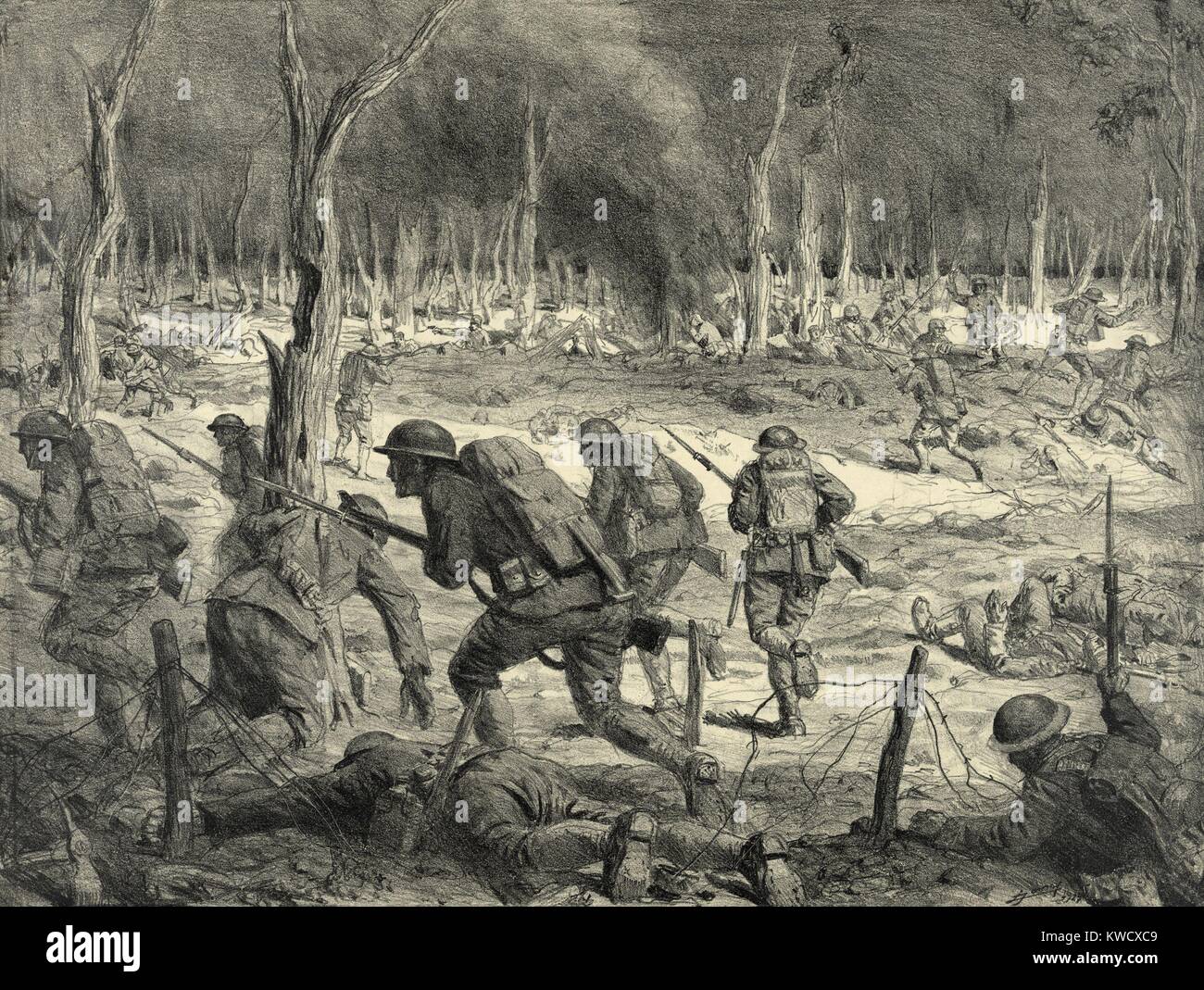 World War 1: Battle of the Argonne Forest. An infantry attack by American troops in woods of the Argonne Forest fought from Sept. 26, 1918, until the Armistice, Nov. 11, 1918. Lithograph by Lucien Jonas, 1927. (BSLOC 2013 1 204) Stock Photo