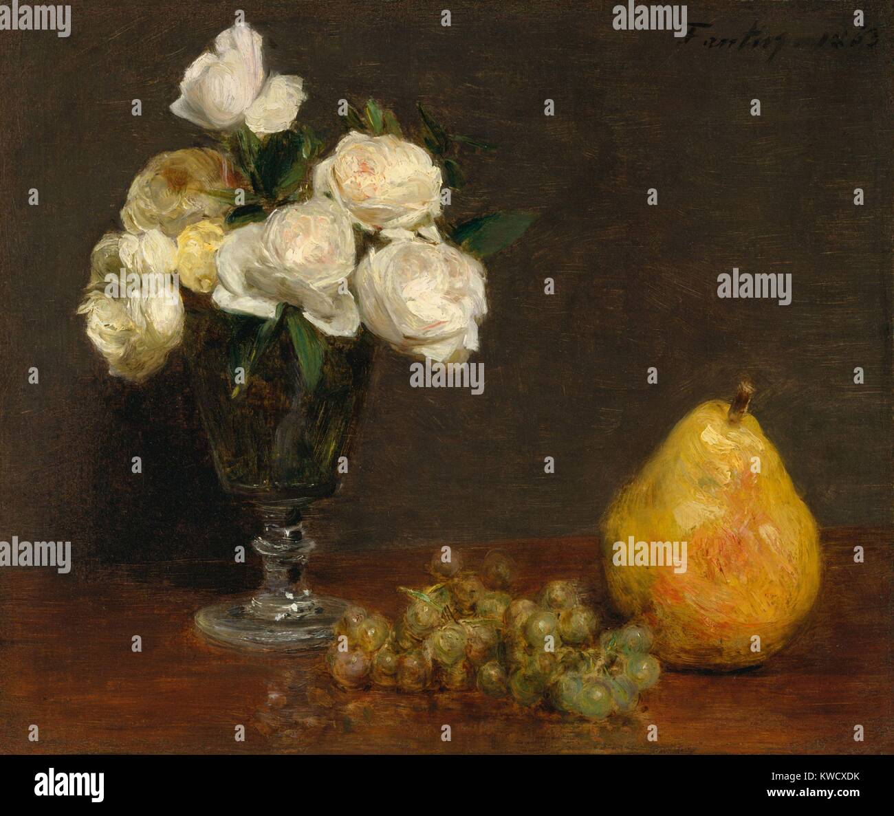 Still Life with Roses and Fruit, by Henri Fantin-Latour, 1863, French impressionist oil painting. Fantin-Latour associated with the Impressionists, but his style remained compositionally conservative throughout his artistic career (BSLOC_2017_3_147) Stock Photo