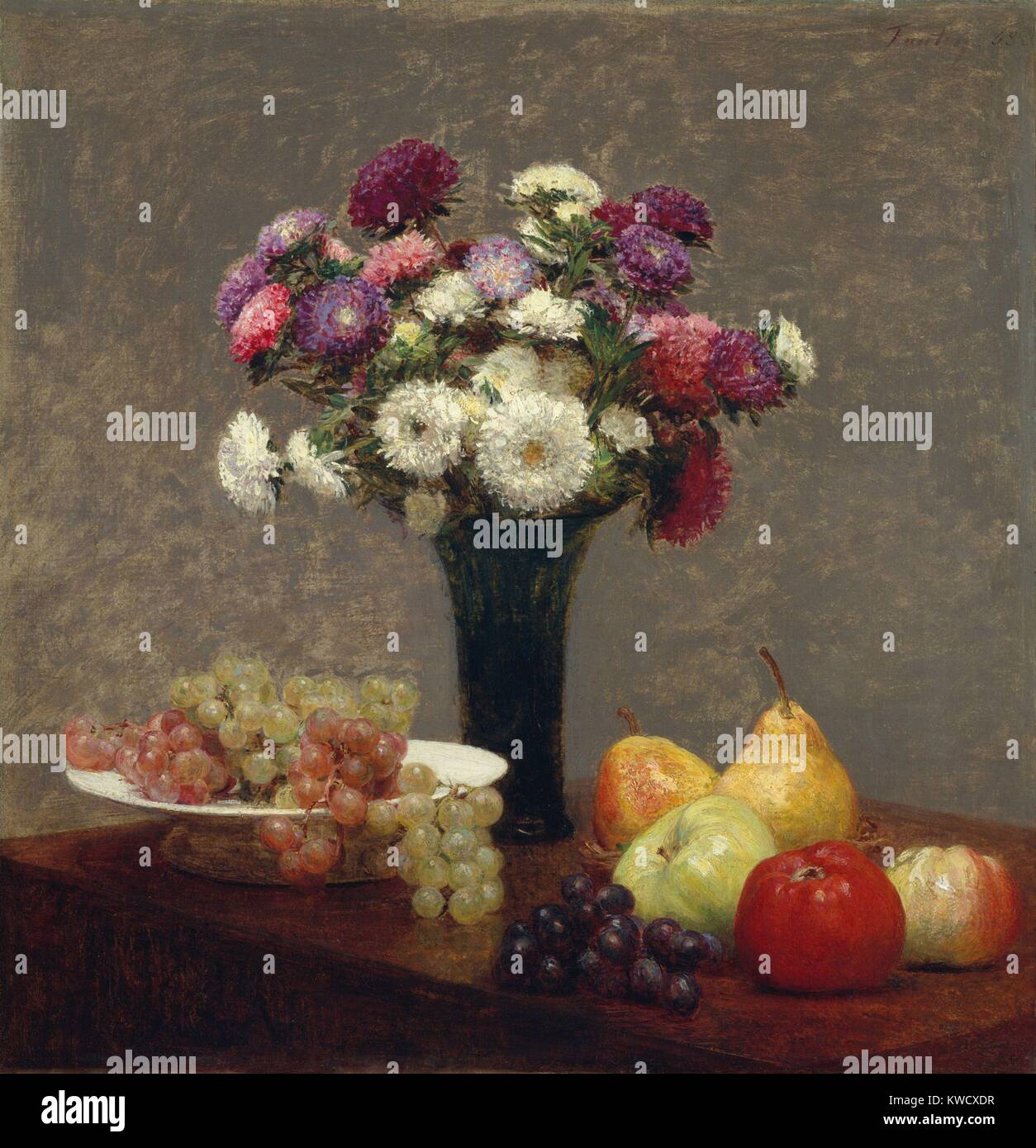 Asters and Fruit on a Table, by Henri Fantin-Latour, 1868, French impressionist oil painting. Fantin-Latour used simple vases and plain tabletops that emphasized his virtuoso painting of flowers and fruits (BSLOC 2017 3 149) Stock Photo