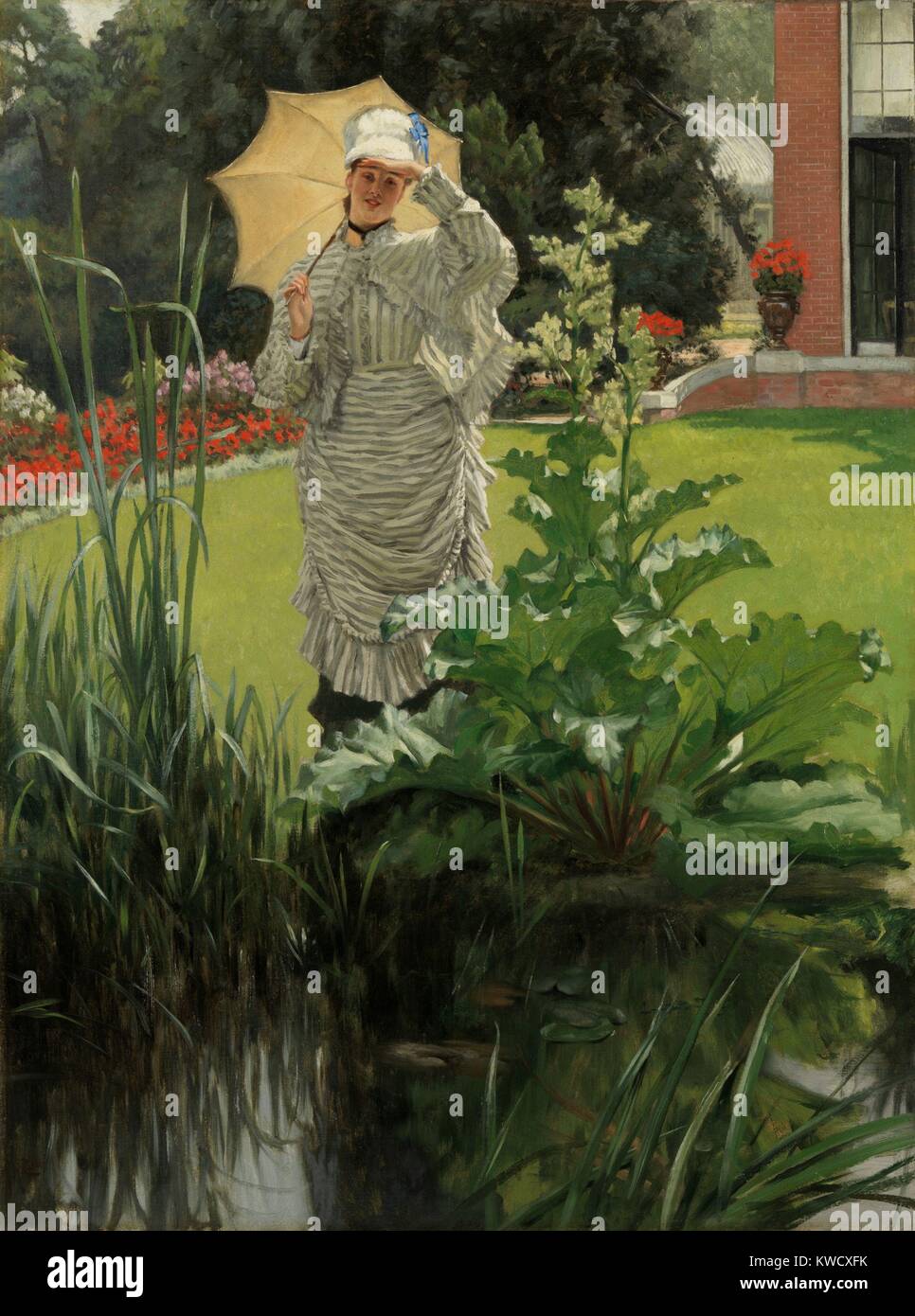 Spring Morning, by James Tissot, 1875, French realist, impressionistic, painting, oil on canvas. The clump of vegetation in the foreground was unconventional, and similar to compositional devices used by the impressionists and Japanese prints (BSLOC_2017_3_164) Stock Photo