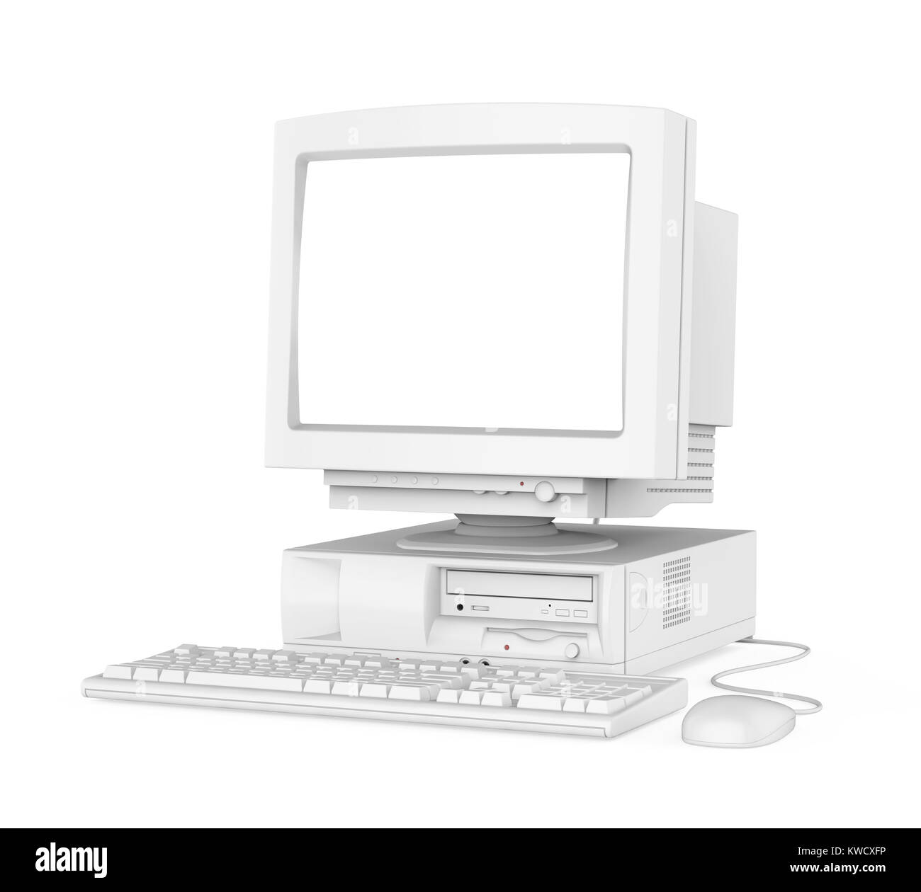 Old Desktop Computer with a Blank White Screen Monitor, Keyboard and