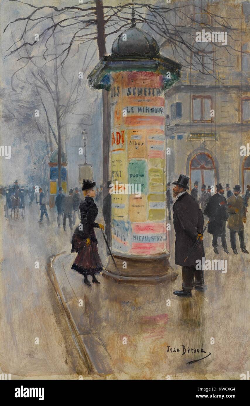 Parisian Street Scene, by Jean Beraud, 1885, French impressionistic painting, oil on canvas. Beraud painted Parisian street life in an academic style influenced by impressionism. His works were populated by prosperous Belle Epoque characters, such as the stylish woman is at a one side of a poster covered kiosk, and the gentleman on the other (BSLOC 2017 3 167) Stock Photo