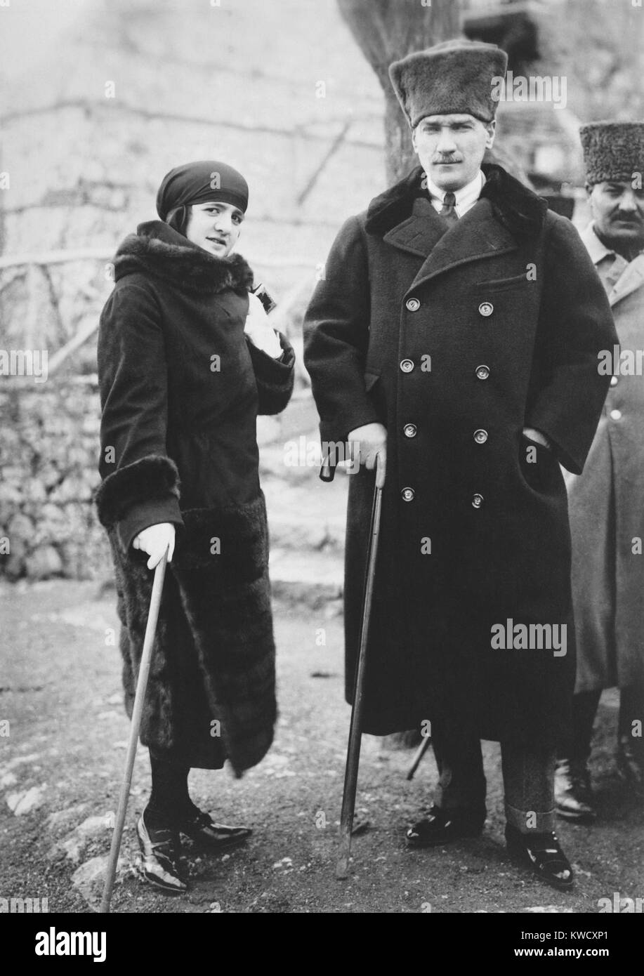 Kemal Ataturk, President of Turkey and his wife, Latife Hanouz, in 1923. She appeared publically with her husband and encouraged women to participate in public life. The couple divorced in 1925 due to incompatibility (BSLOC 2017 1 115) Stock Photo