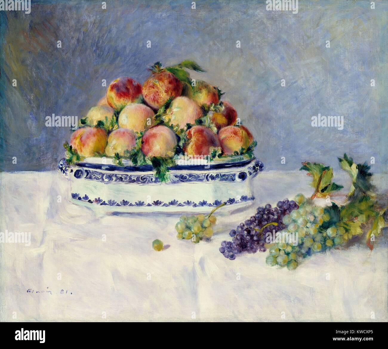 Still Life with Peaches and Grapes, by Auguste Renoir, 1881, French impressionist oil painting. This still life of peaches was painted when Renoir was a guest of art patron Paul Berard, who purchased it (BSLOC 2017 3 84) Stock Photo