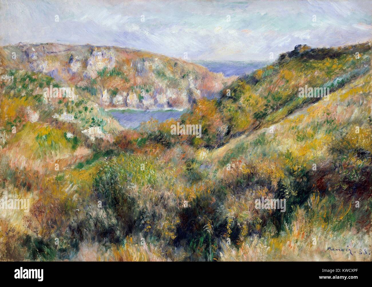 Hills around Bay of Moulin Huet, Guernsey, by Auguste Renoir, 1883, French impressionist painting. Renoir painted views of the bay and the beach of Moulin Huet, on the islands south coast during his visit of summer 1883 (BSLOC 2017 3 89) Stock Photo