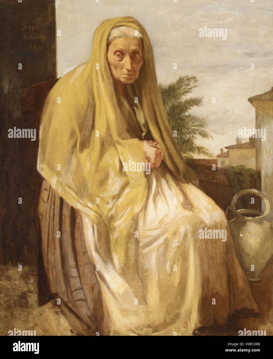 The Old Italian Woman, by Edgar Degas, 1857, French impressionist painting, oil on canvas. Degas spent 1856-59 in Italy where he made this realist portrait of an elderly women (BSLOC 2017 3 95) Stock Photo