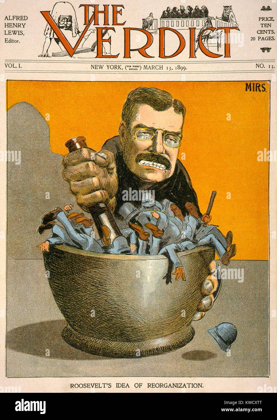 Cartoon of NY Governor Theodore Roosevelt grinding policemen with mortar and pestle. It refers to the Governors investigations into the corruption of Tammany Halls controlled New York City (BSLOC_2017_4_26) Stock Photo