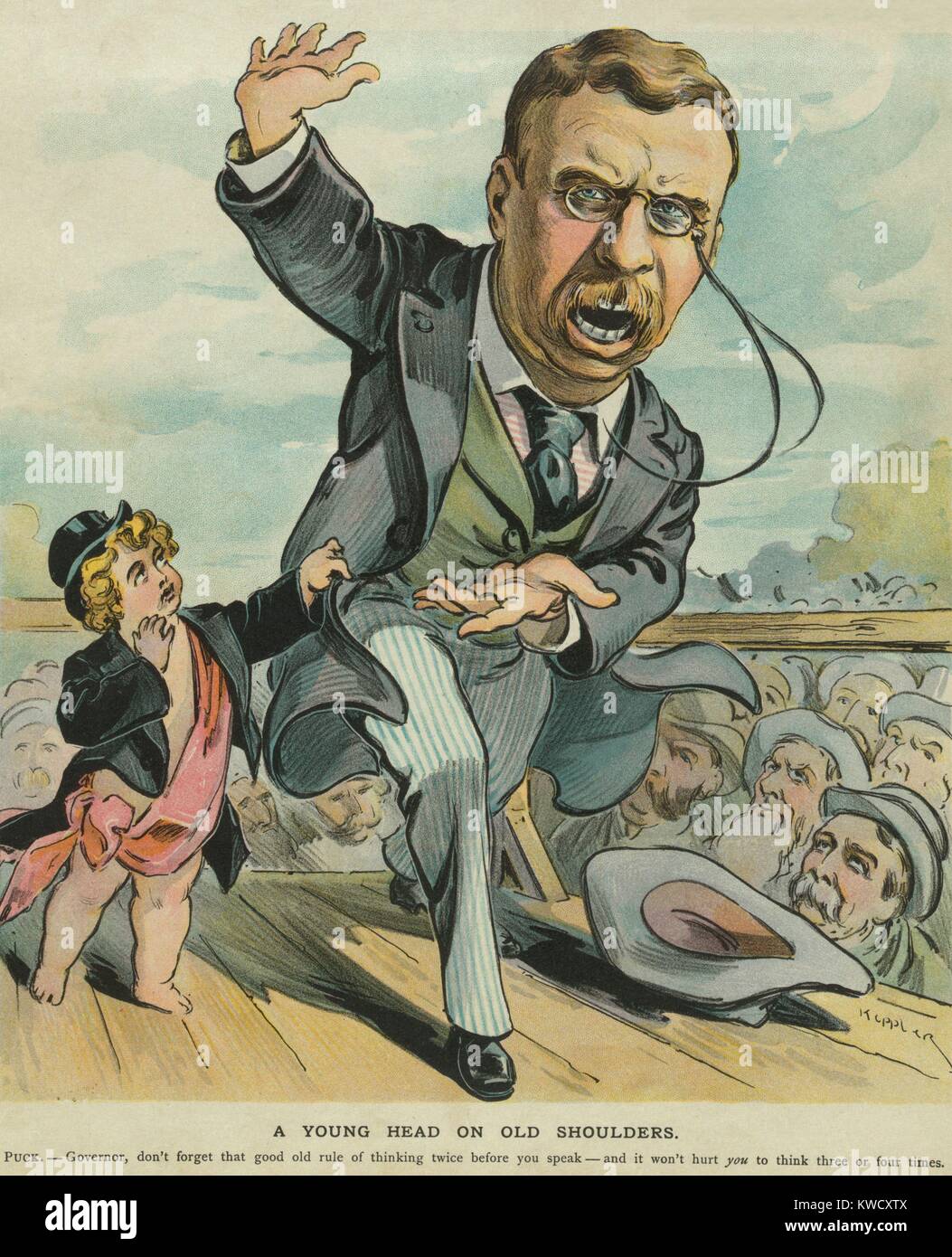 Cartoon of NY Governor Theodore Roosevelt speaking with animation but not restraint. Puck Magazine, Nov. 1, 1899. Puck pulls at his coat to advise he think before speaking (BSLOC_2017_4_27) Stock Photo