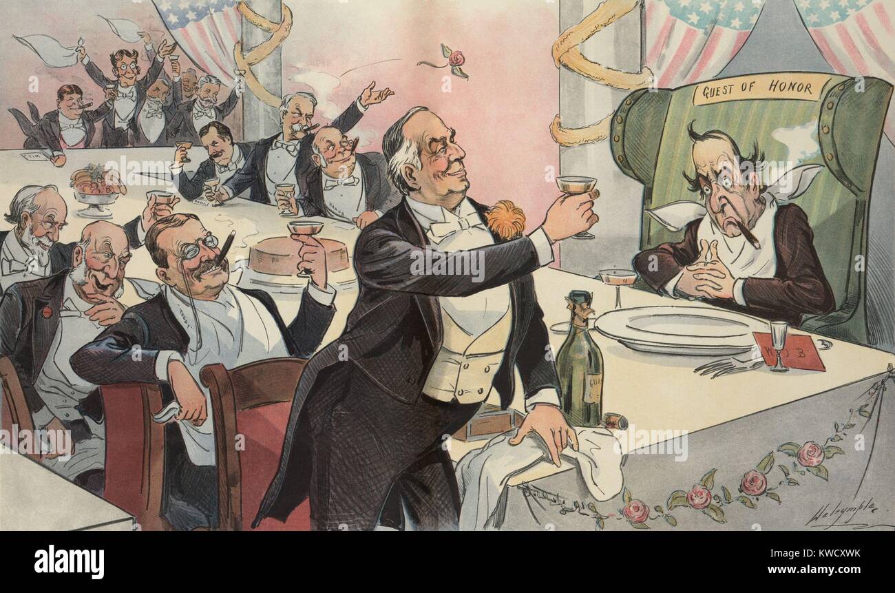 Political cartoon about the presidential elections, from PUCK Magazine, Nov. 28, 1900. Newly re-elected President William McKinley, toasting his Guest of Honor, William Jennings Bryan. Other attendees are VP Theodore Roosevelt, NY Gov. Elect Benjamin B. Odell, Jr., Senators Mark Hanna and Nelson Aldrich, (BSLOC 2017 4 35) Stock Photo