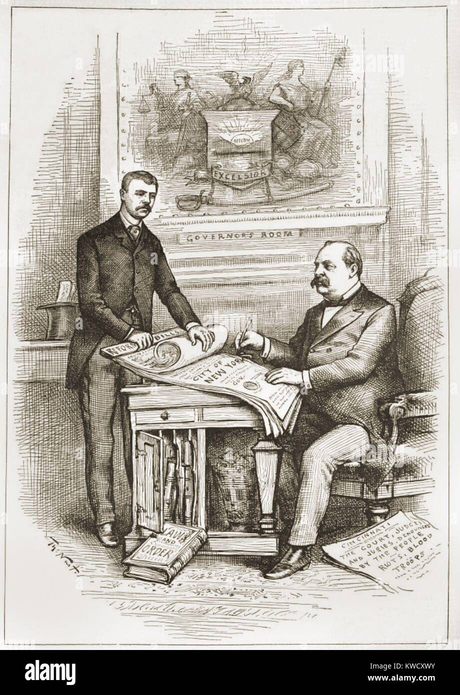 REFORM WITHOUT BLOODSHED. GOVERNOR CLEVELAND AND THEODORE ROOSEVELT AT THEIR GOOD WORK. In 1883, Republican Roosevelt allied with Democratic Governor Cleveland to pass a civil service reform bill for New York State. Thomas Nast illustration on cover of Harpers Weekly, April, 19, 1884 (BSLOC 2017 4 4) Stock Photo