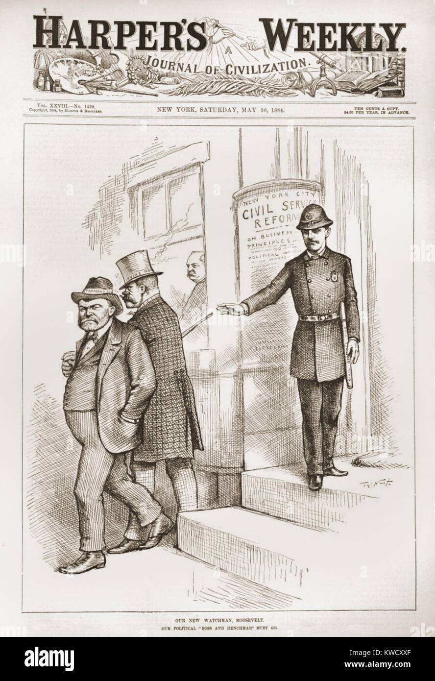 OUR NEW WATCHMAN, ROOSEVELT. OUR POLITICAL BOSSES AND HENCHMEN MUST GO. Standing in front of a poster of the New York City Civil Service Reform law, Assemblyman Theodore Roosevelt in a policemans uniform, evicts two men with hats labeled, Tammany Hall (resembles John Kelly) and Irvine Hall. Gov. Grover Cleveland looks on through a window. Thomas Nast illustration on cover of Harpers Weekly, May, 19, 1884 (BSLOC 2017 4 5) Stock Photo