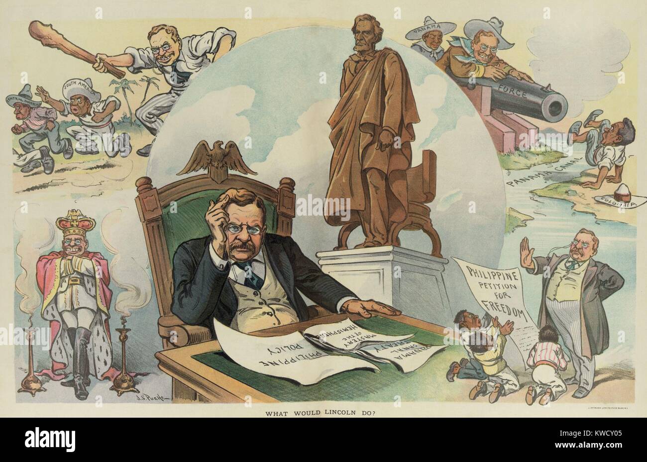 WHAT WOULD LINCOLN DO? PUCK Magazine cartoon of Sept. 28, 1905. Election year political cartoon critical of TRs imperialistic policies in the Philippines and Panama (BSLOC 2017 4 69) Stock Photo