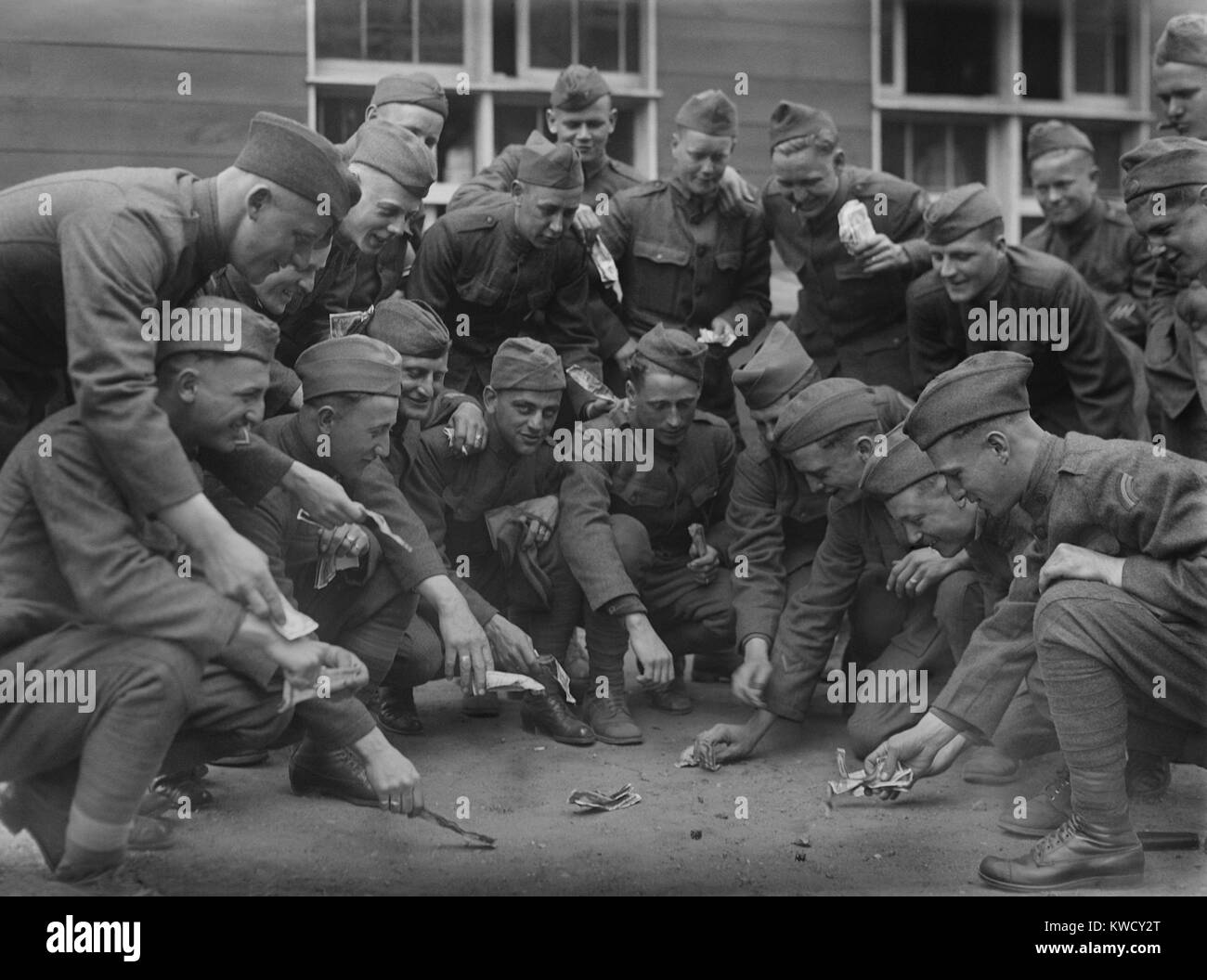 Off duty American soldiers gambling with dice during World War 1, 1917