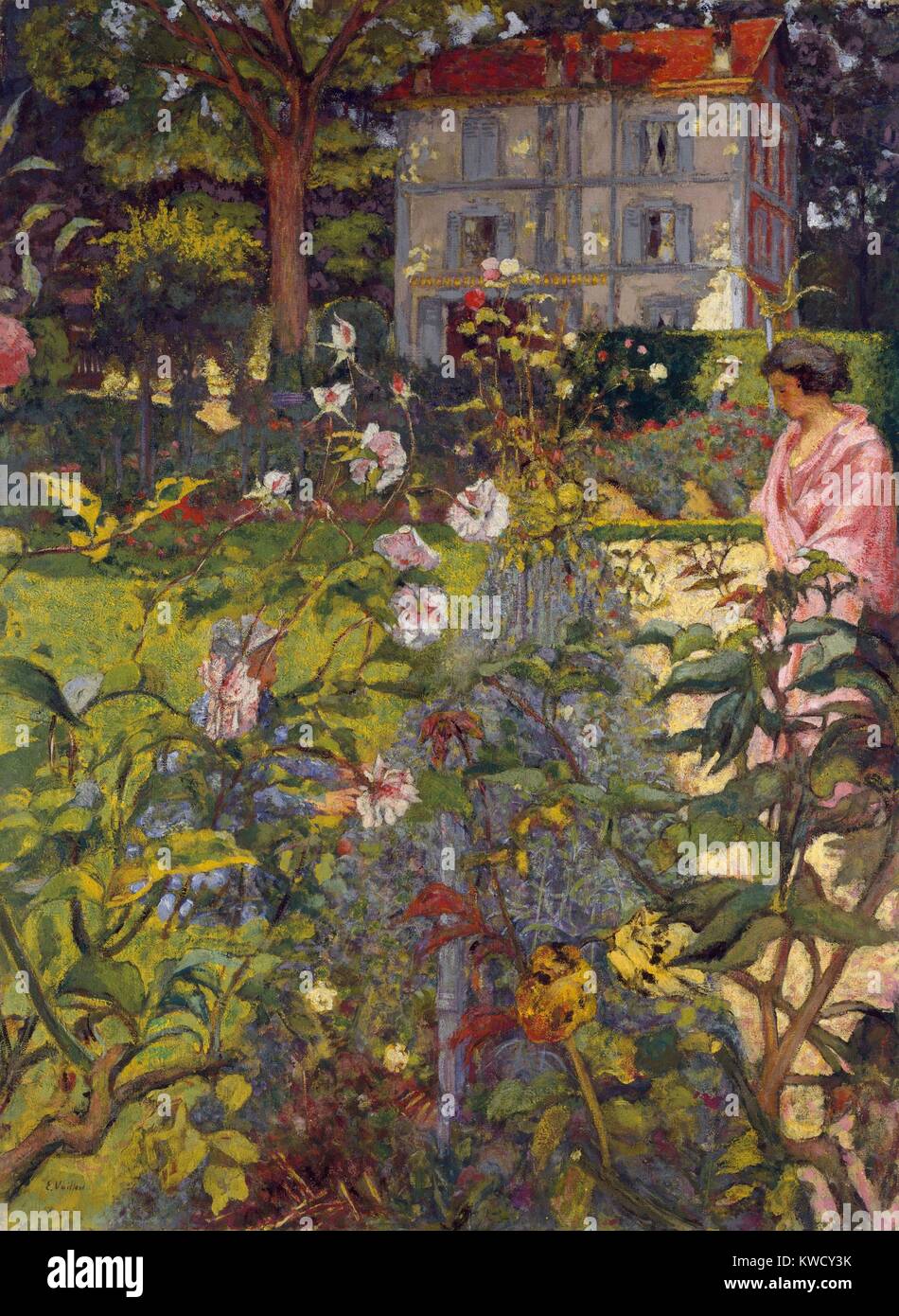Garden at Vaucresson, by Edouard Vuillard, 1920, French Post-Impressionist painting. The two women almost lost among the plants are Lucy Hessel and her cousin. The house emerges clearly above the rich complexity of the paintings lower half (BSLOC 2017 5 103) Stock Photo