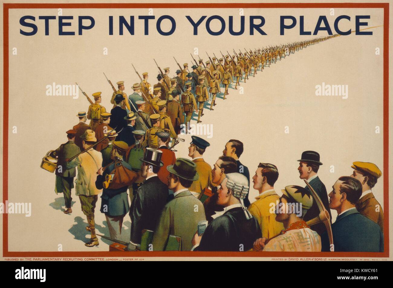 STEP INTO YOUR PLACE, reads a British World War 1 recruiting poster, 1915. A column of soldiers marches into the distance, are joined by men in civilian attire that identifies their various occupations and social classes (BSLOC 2017 1 34) Stock Photo